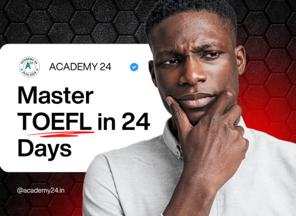 Academy 24 TOEFL Program poster showing sections, mock tests, and resources