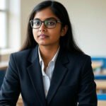 Focused young woman in headset, GMAT prep student from Kerala